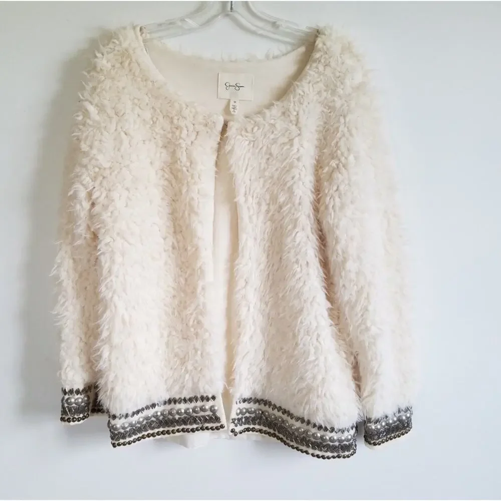 Jessica Simpson Faux Fur Beaded Jacket